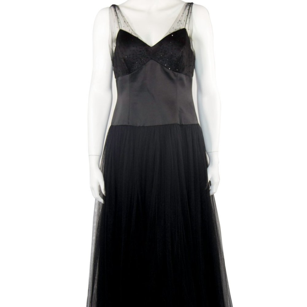 NINE WEST BLACK TUILE MESH FORMAL BALLERINA DRESS BEADED Sz 12